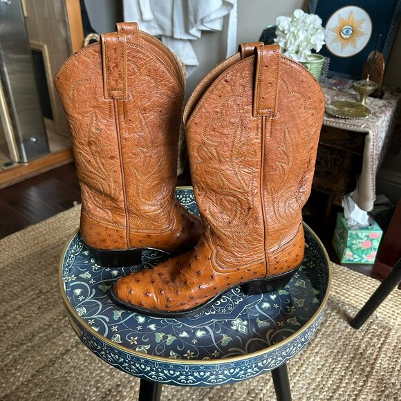 Custom Made Ostrich Leather Cowboy Boots – Saddle Tan | Size 7.5 / 8 - Picture 2 of 11